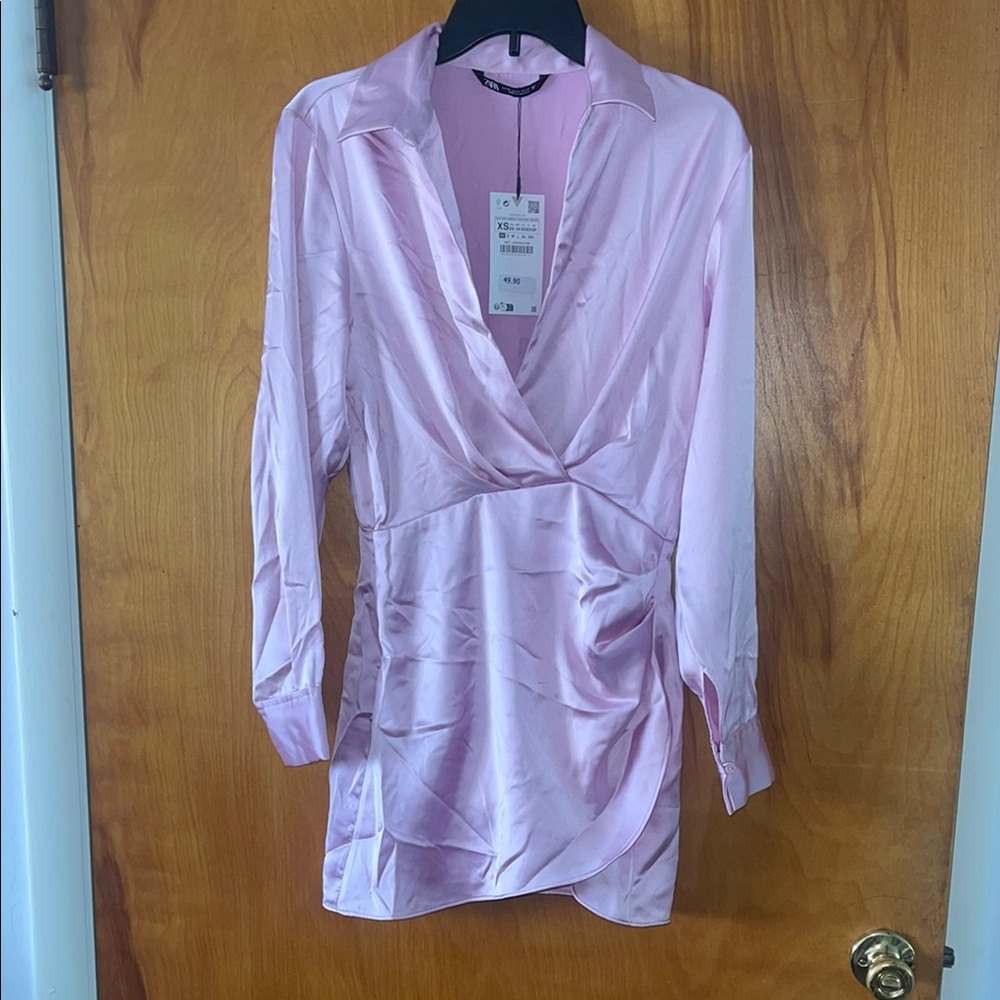 Zara Pink Satin Short Wrap Dress